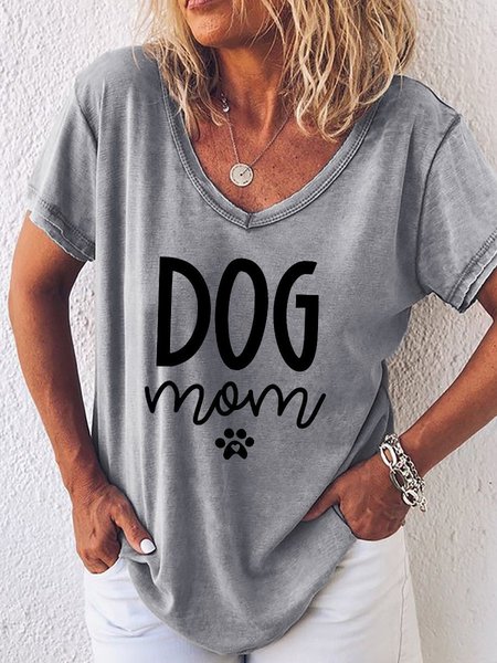 Dog Mom Letter Short Sleeve V Neck Woman Tee Top, Gray, T-shirts