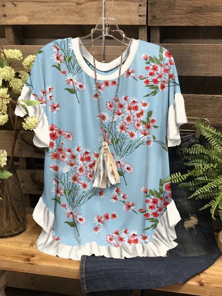Floral Graphic Short Sleeve Round Neck Casual Stitching Tee, Blue, T-shirts