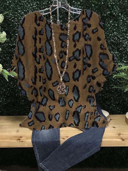 Short Sleeve Crew Neck Leopard-Print Shirts & Tops, Khaki, Blouses