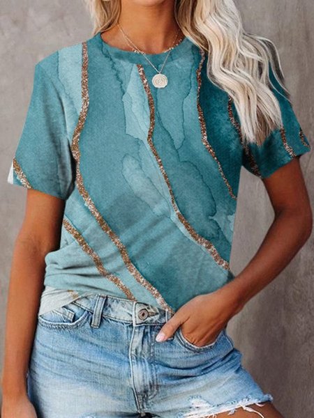 Womens Fashion Casual Printed Top T-shirt, Blue, T-Shirts