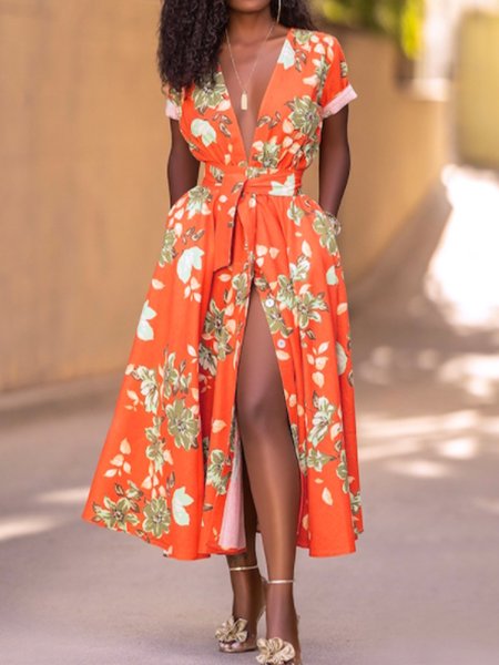Floral Short Sleeve Printed V Neck Midi Dress, Orange, Maxi Dresses