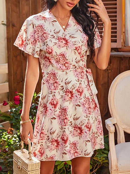 Floral Holiday A-Line V Neck Mini Dress, White, Mini Dresses