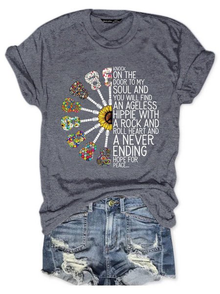 Hippie Peace Graphic Crew Neck Short Sleeve Casual Tee, Deep gray, T-shirts