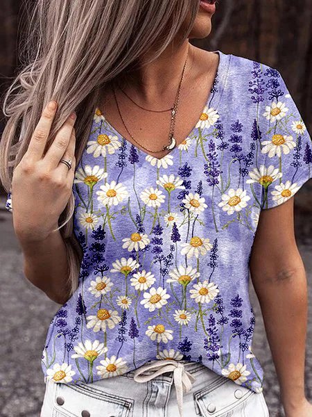 Casual Floral V Neck T-shirt, Blue, Tees & T-shirts