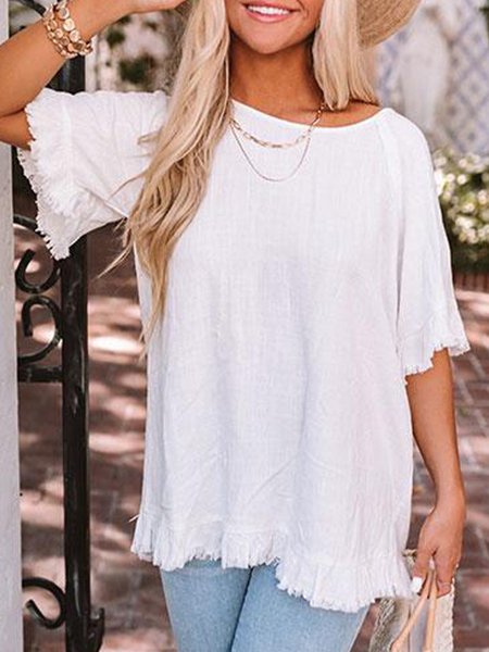 

Cotton-Blend Short Sleeve Shift Plain Tops, White, Tees & T-shirts