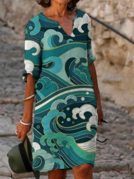 Vintage Wave Geometric Printed Plus Size 3/4 Sleeves Casual Dresses, Green blue, Midi Dresses
Vintage Wave Geometric Printed Plus Size 3/4 Sleeves Casual Dresses, Green blue, Midi Dresses