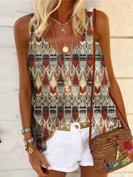 Cotton Cold Shoulder Casual Tribal T-shirt, Multicolor, Tank Tops & Camis