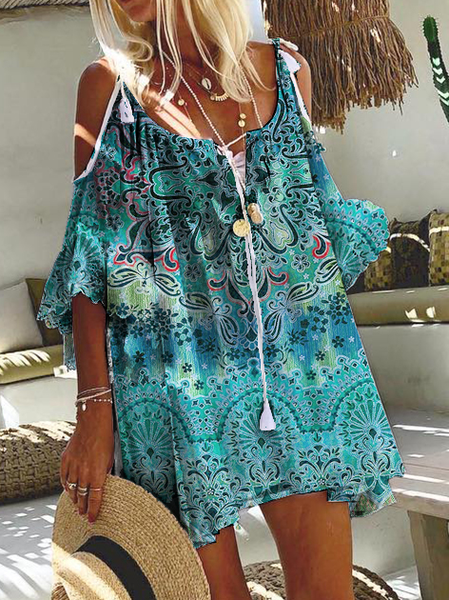 Cotton-Blend Holiday Weaving Dress, Blue, Midi Dresses