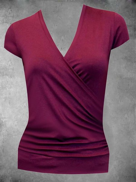 Short Sleeve Cotton-Blend Solid Casual Shirts & Tops, Red, Auto-Clearance