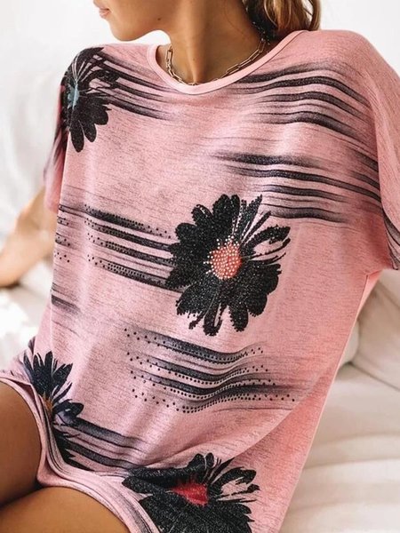 Casual Cotton-Blend Floral Batwing T-shirt, Pink, Tees & T-shirts