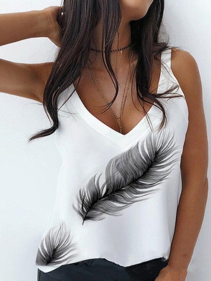 Fashion Printed V-neck Sling, White, Tanks & Camis