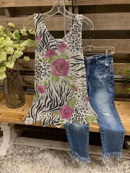 Cotton-Blend Floral-Print Casual Sleeveless Shirts & Tops, White, Tank Top