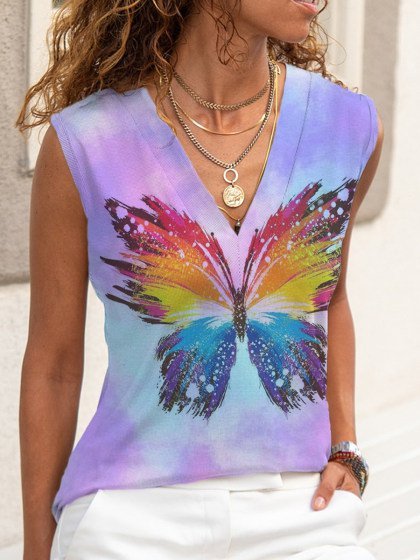 Casual Tie-dyed Butterfly Print V-neck Sleeveless Top, Purple, Tanks & Camis
Casual Tie-dyed Butterfly Print V-neck Sleeveless Top, Purple, Tanks & Camis