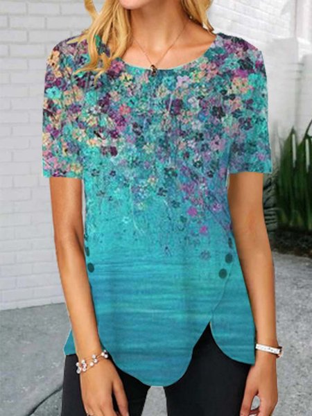 Floral Short Sleeve Printed Cotton-blend Crew Neck Casual Summer Blue Top, T-Shirts
Floral Short Sleeve Printed Cotton-blend Crew Neck Casual Summer Blue Top, T-Shirts