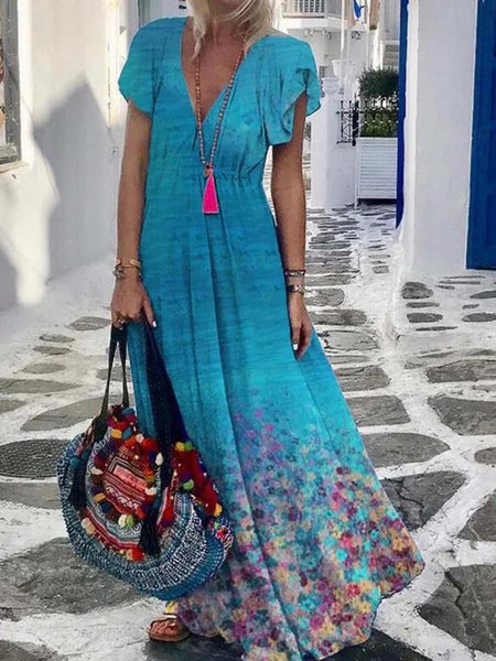 Shift Short Sleeve Holiday Weaving Dress, Blue, Floral Dresses