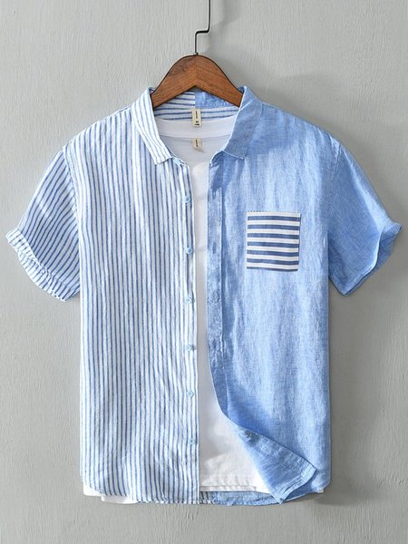 Men's Stripe Splicing Short Sleeve Cotton Breathable Casual Loose Shirt, Blue, Men's Floral shirt
Men's Stripe Splicing Short Sleeve Cotton Breathable Casual Loose Shirt, Blue, Men's Floral shirt