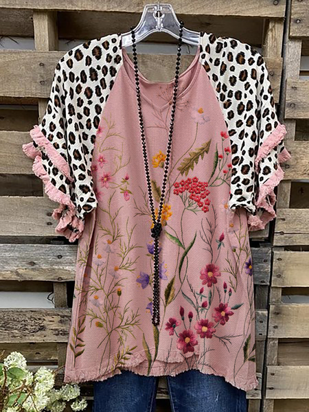 Plus size Floral Leopard Printed Shirts & Tops, Pink, Tops