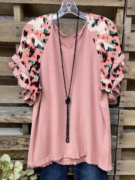 Leopard Short Sleeve Printed Cotton-blend V neck Casual Summer Pink Top, Auto-Clearance