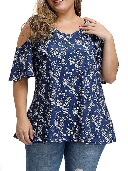 Cold Shoulder Floral Round Neck Cotton Tops, Blue, Tops 
Cold Shoulder Floral Round Neck Cotton Tops, Blue, Tops