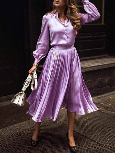 Long Sleeve Shirt Collar Party Midi Dress, Purple, Midi Dresses