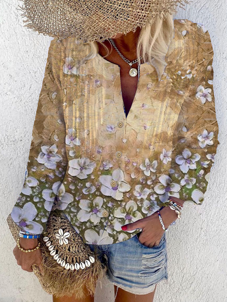 Long Sleeve Vintage Tops, Brown, Blouses & Shirts