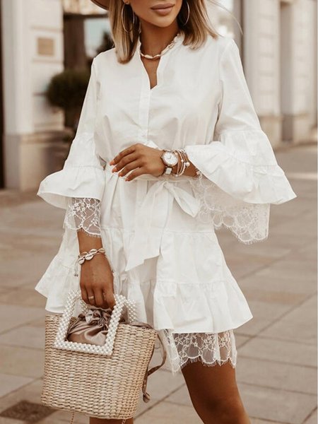 Stand Collar Plain 3/4 Sleeve Mini Dress, White, Mini Dresses