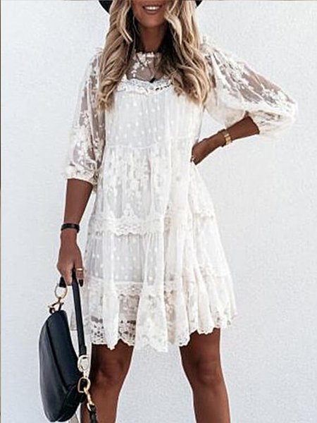 Retro Lace 3/4 Sleeve Mini Dress, White, Mini Dresses