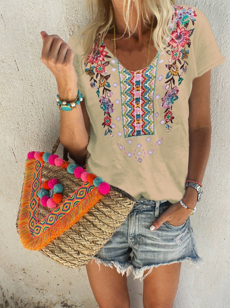 Cotton Short Sleeve Holiday Shirts & Tops, Khaki, Tops
