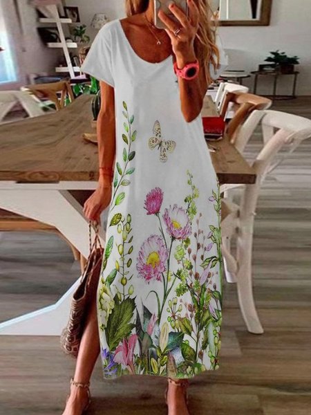 Crew Neck Short Sleeve Floral Dresses, White, Floral Dresses