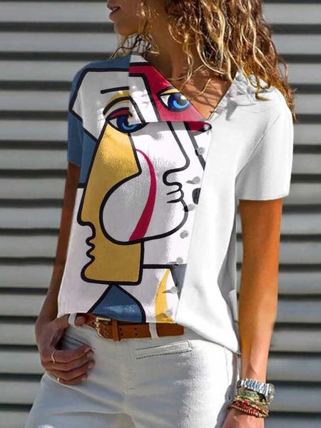 Short Sleeve Abstract Tops, White, Shirts & Blouses