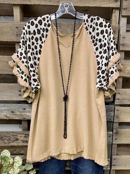 Vintage Leopard Printed Tassel Plus Size Short Sleeve V Neck Casual Tops, Khaki, T-Shirts
Vintage Leopard Printed Tassel Plus Size Short Sleeve V Neck Casual Tops, Khaki, T-Shirts