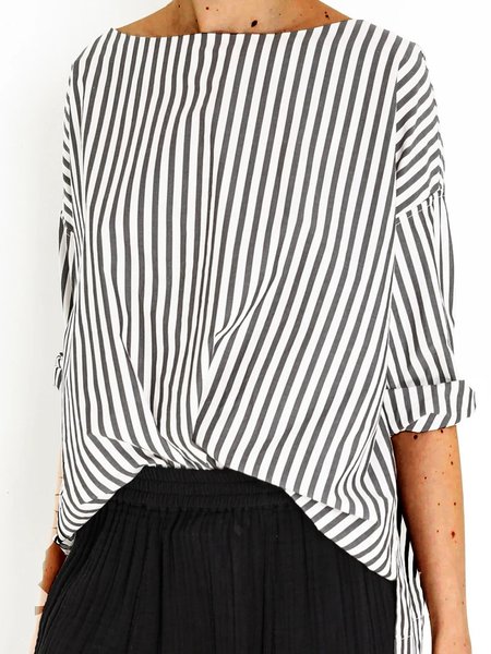 Strisce Girocollo Casuale Maniche Lunghe Top, Bianco-grigio, Blouses & Shirts