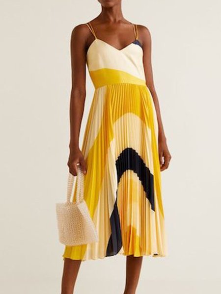 A-Line V Neck Spaghetti-Strap Holiday Midi Dress, Yellow, Midi Dresses