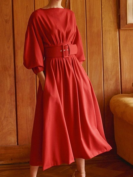 A-Line Retro Solid Crew Neck Midi Dress, Red, Midi Dresses