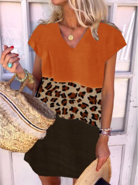 Leopard Short Sleeve Dress, Orange, Mini Dresses