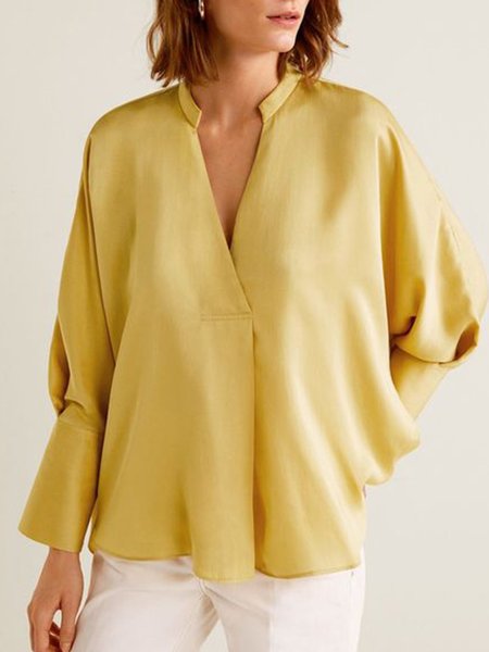 

Long Sleeve Stand Collar Shift Vintage Blouse, Yellow, Blouses and Shirts