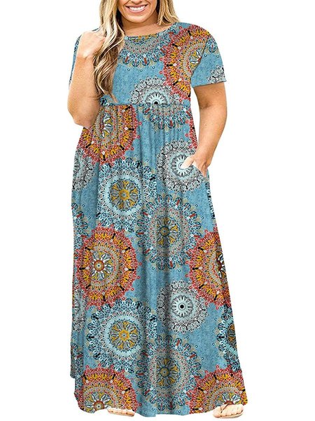 Geometric Cotton Short Sleeve Women Dress, Blue, Maxi Dresses