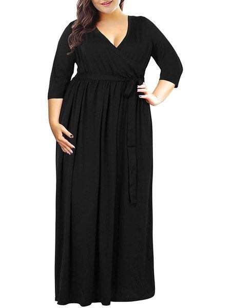 Solid 3/4 Sleeve Cotton V Neck Weaving Dress, Black, Floral Dresses