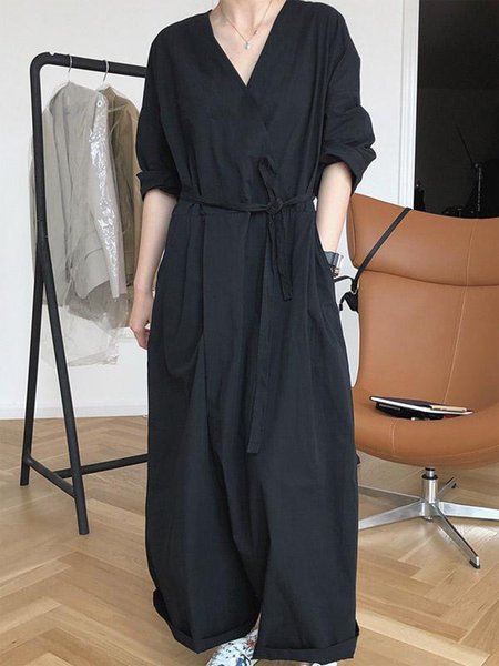 Semplice Maniche Lunghe Scollo a V Pezzi Interi Cotone, Nero, Jumpsuits