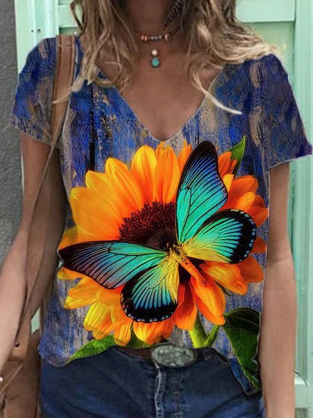 Short Sleeve Butterfly Casual T-shirt, Flower, T-Shirts