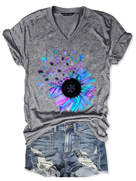 Puzzle Sunflower Casual Floral Short Sleeve Women Tee, Gray, T-shirts