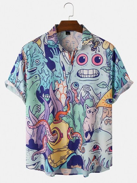 Cartoon Print Loose Casual Short Sleeve Shirts, Blue, Men's Floral shirt
