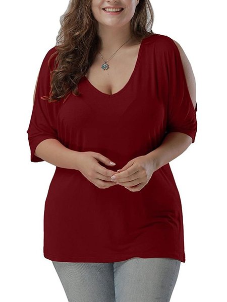 Cotton V Neck Cold Shoulder Tops, Wine red, Tops