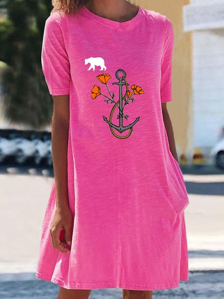 Holiday Short Sleeve Floral-Print Pocket Knitting Dress, Pink, Casual Dresses