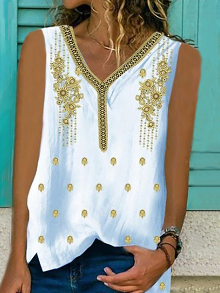 Plus size Boho Sleeveless Shirts & Tops, White, Tank Top