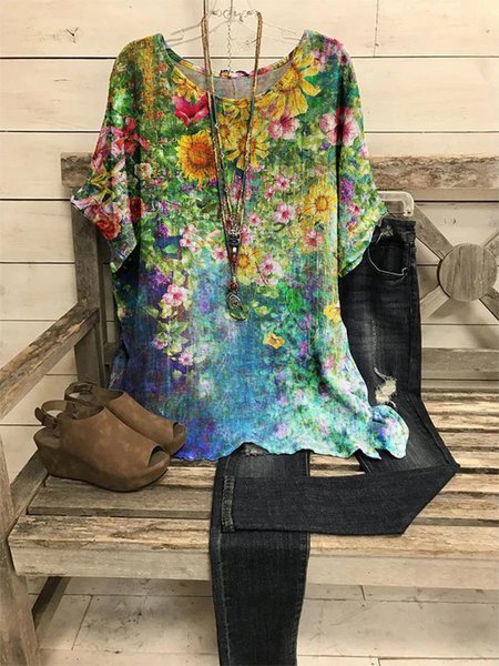 Abstract Colorful Floral Graphic Round Neck Short Sleeve Loose Top, As picture, T-shirts
Abstract Colorful Floral Graphic Round Neck Short Sleeve Loose Top, As picture, T-shirts