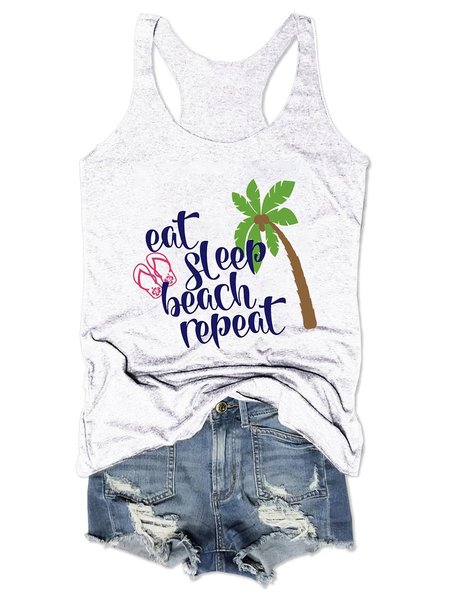 Eat Sleep Beach Repeat Graphic Holiday Style Vest Top, White, T-shirts