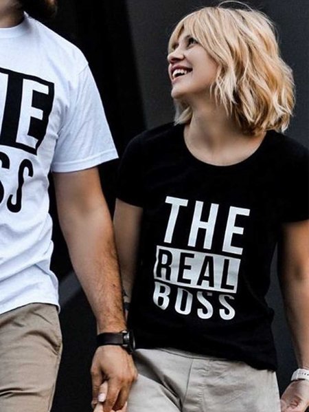 Letter print couple T-shirt, Black, Couple T-shirts