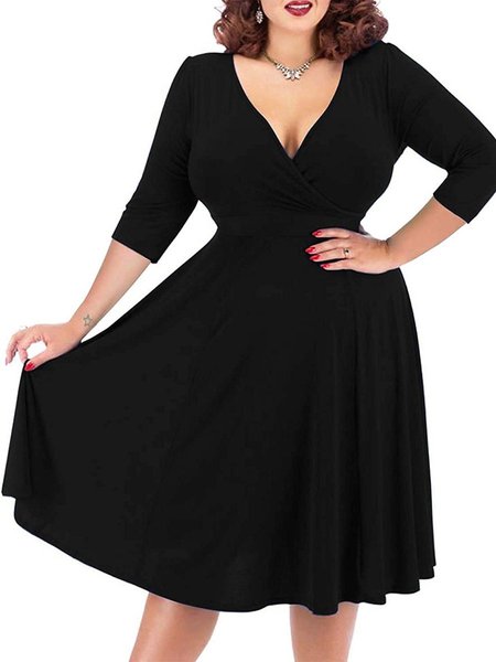 3/4 Sleeve Cotton Solid Weaving Dress, Black, Casual Dresses