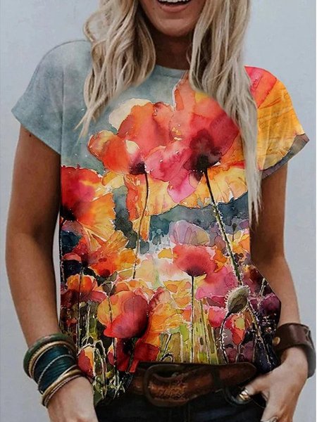 Crew Neck Short Sleeve Casual T-shirt, Red, T-Shirts